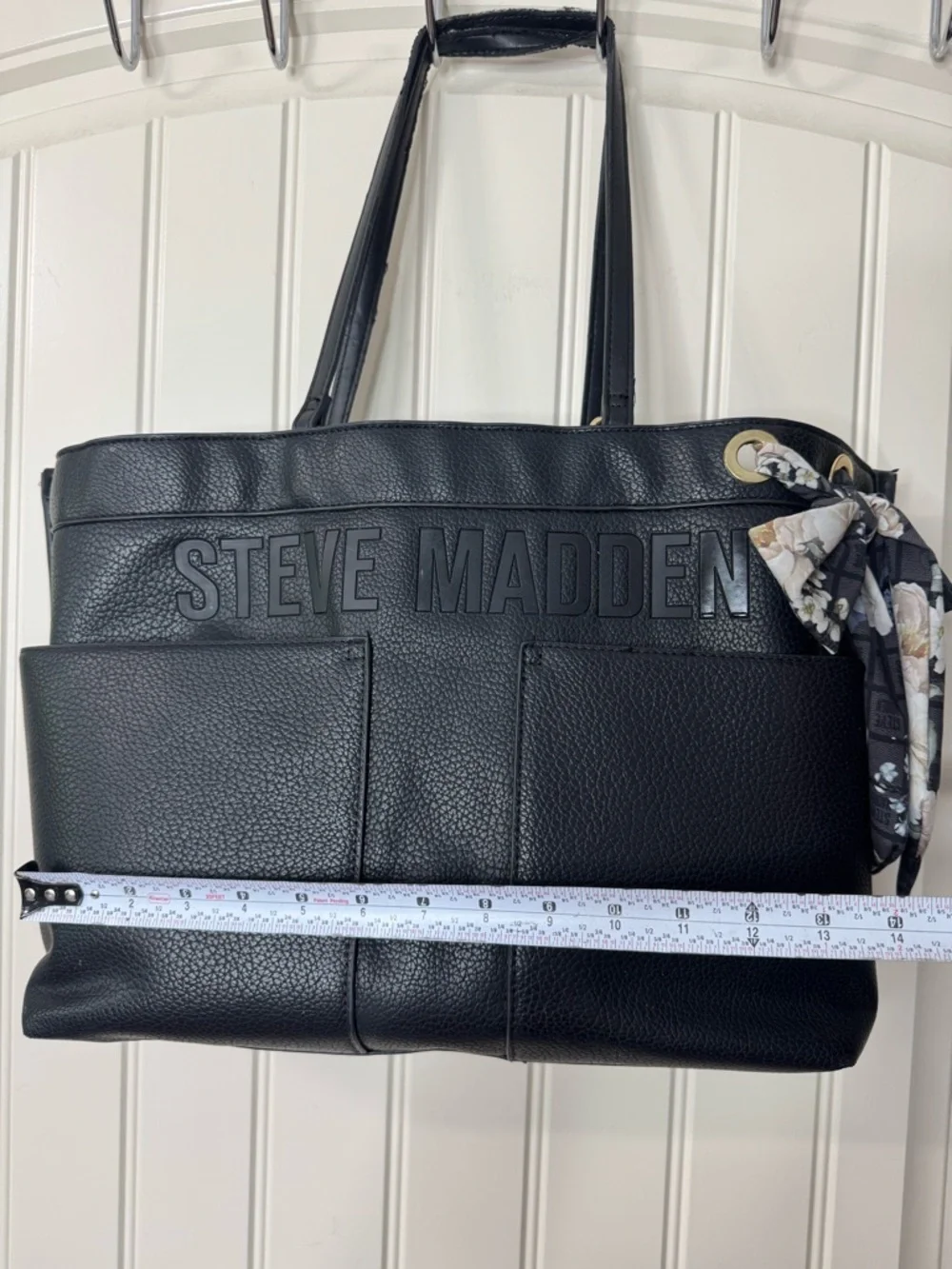 STEVE MADDEN 🪷 Pebbled Black Leather Large Laptop Tote, Floral Scarf Accent